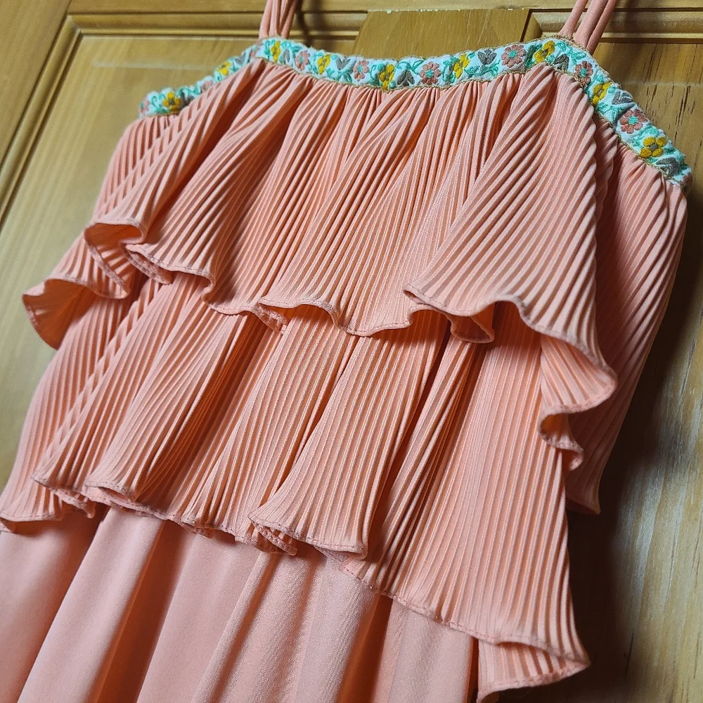 Vintage 70s Peach Pleated Midi Dress Floral Embroidered Trim Boho Prairie - Picture 4 of 16